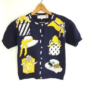 Vtg The Eagle's Eye Sweater Small Navy Blue Multicolor Hats Retro Button Front